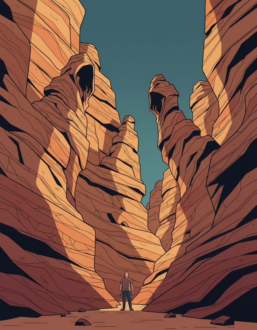 Narrow sandstone canyons and bizarre rock shapes in Adrspach-Teplice Rocks, Czech Republic, with moody side light highlighting textures and a person for scale in tight passages.