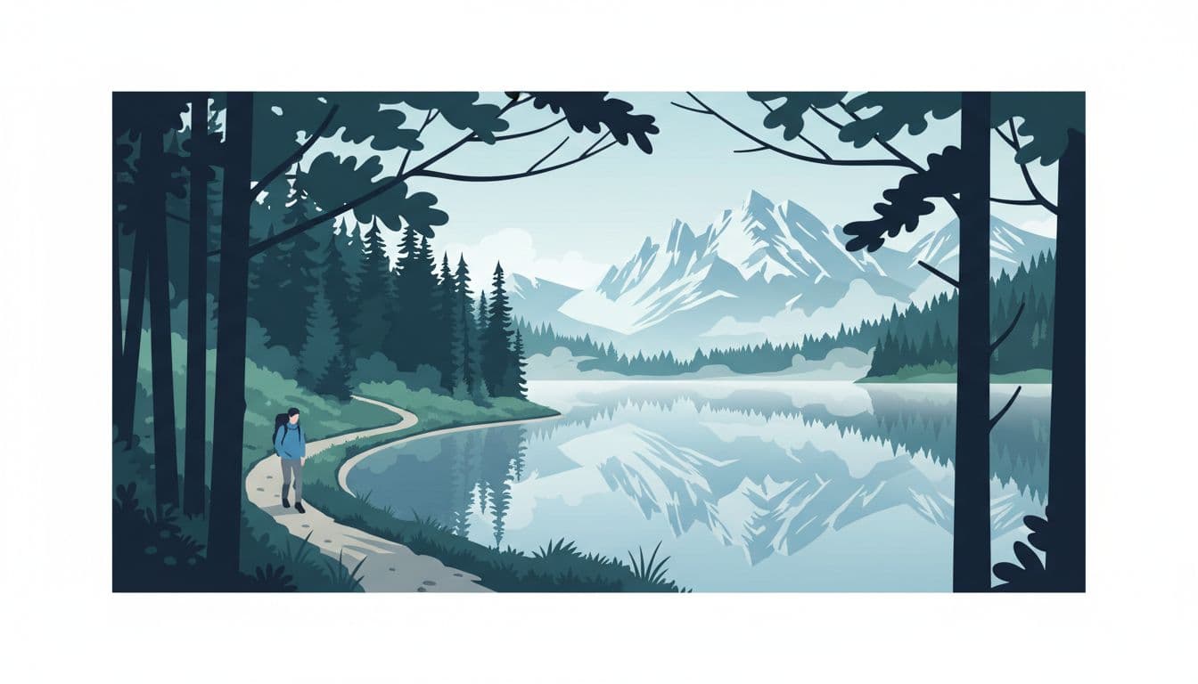 Serene Alpsee forest trail edge features a hidden lake with mirror-calm water reflecting distant mountains framed by trees and soft mist at dawn, with exactly one hiker on the path in modern illustration style using clean shapes and cool blues and greens.