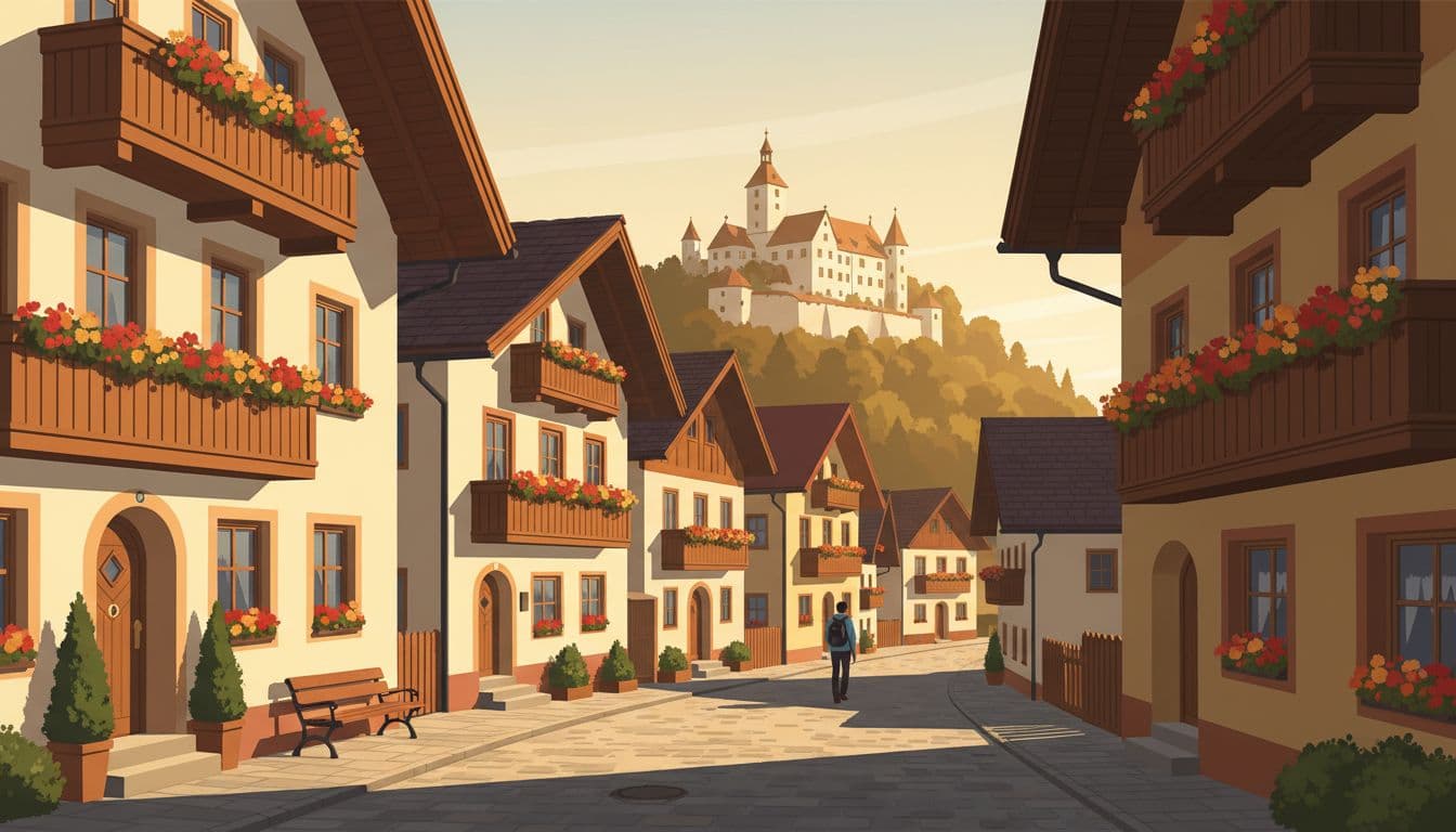 A peaceful village street in Aschau im Chiemgau lined with traditional facades and flower boxes leads up a gentle hill path where one person walks, with Hohenaschau Castle prominently visible on the hilltop behind the houses in warm early evening golden hour light. Rendered in modern illustration style featuring clean shapes, controlled warm colors, and strong composition with no text or crowds.