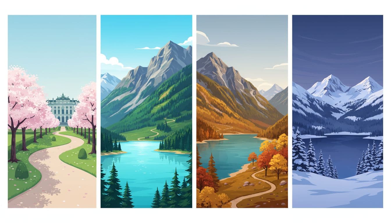 Four-panel landscape illustration depicting Austria's prime photo spots by season: spring cherry blossoms in Vienna palace gardens, summer vibrant Wolfgangsee lake with alpine peaks, fall golden foliage on alpine trails around lakes, and winter snow-covered mountain lake at blue hour.
