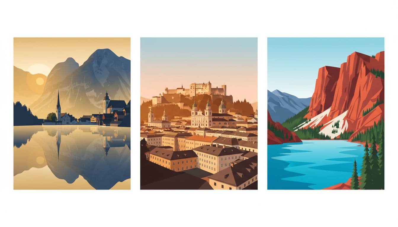 Landscape triptych showing best photography light in Austria: sunrise golden rays on Hallstatt lake, golden hour on Salzburg rooftops and fortress, midday sun on Formarinsee lake with cliffs; modern style with clean shapes and vibrant colors.