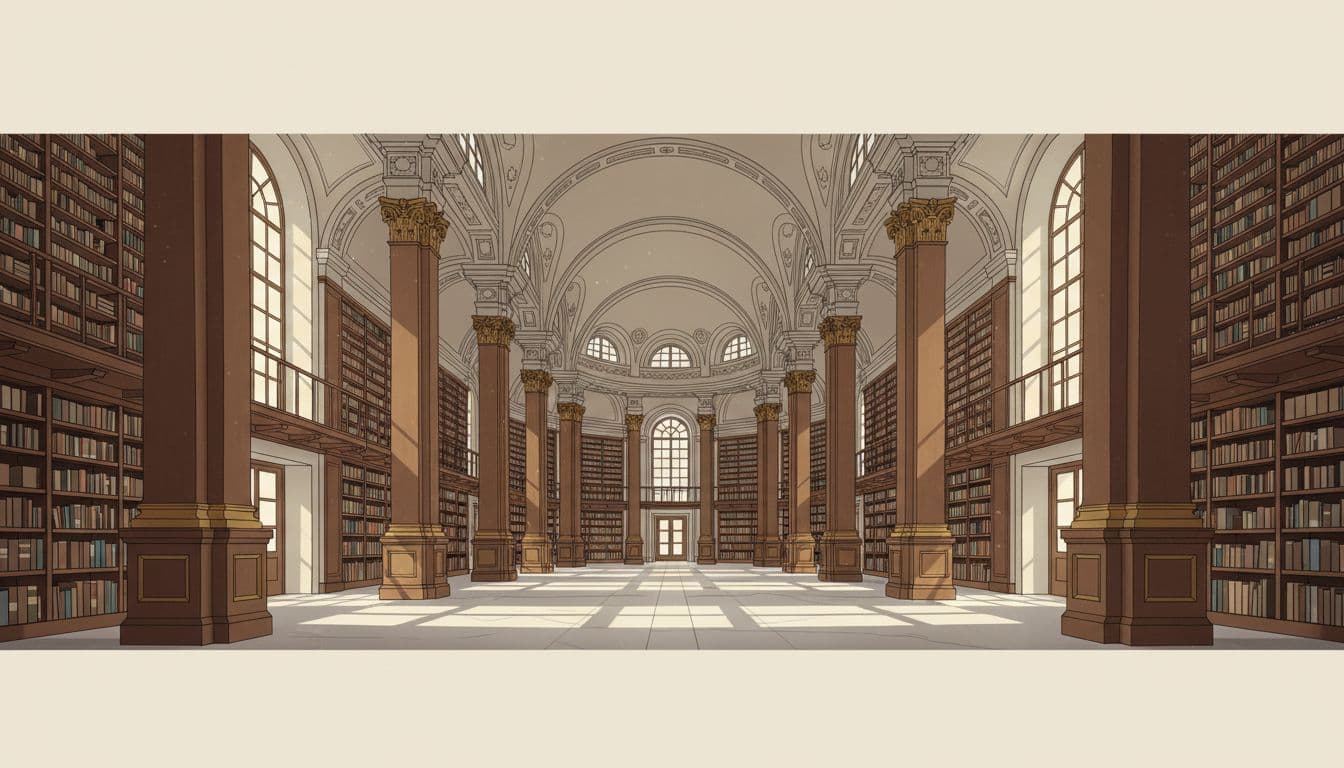 Dramatic wide-angle modern illustration of the grand State Hall in Vienna's Austrian National Library, showcasing towering bookshelves, ornate columns, and soft window light with clean shapes and strong composition.