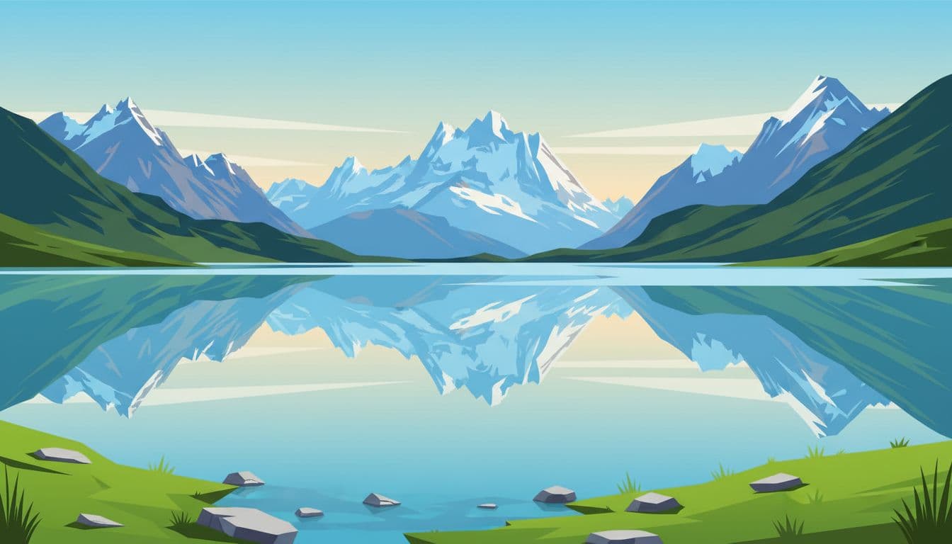Bright turquoise Bachalpsee lake mirrors the jagged Eiger peak and surrounding Alps in morning light, with green grasses and rocks on the shore near Grindelwald First trail, modern illustration style.