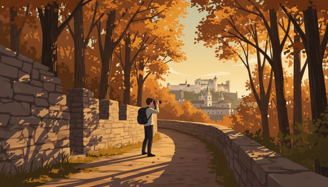 Wooded path along Basteiweg on Kapuzinerberg hill in Salzburg with ancient stone walls, framing Hohensalzburg Fortress through tree gaps in warm golden late afternoon light, featuring one photographer.