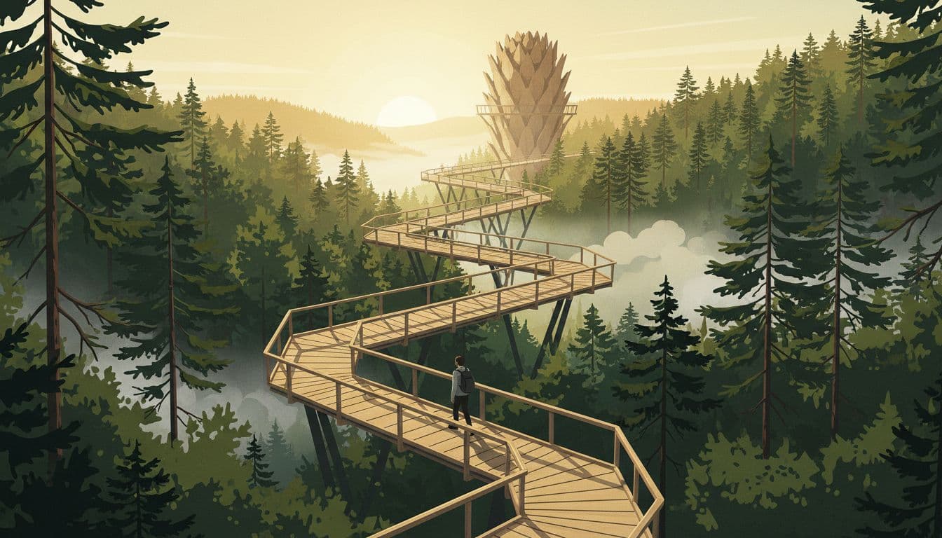 Long wooden treetop walkway winds through dense Bavarian Forest canopy at sunrise, featuring a pinecone-shaped observation tower in the background, soft golden light, mist layers below, and one distant walker.