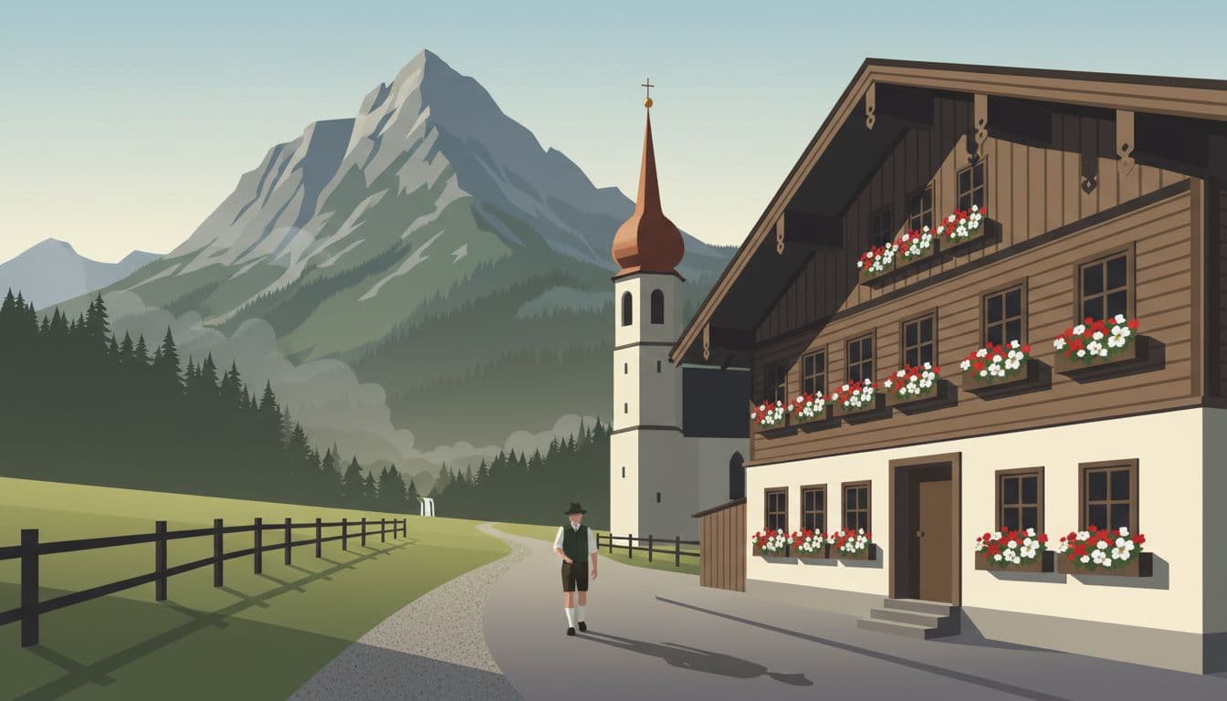 Quiet Bayrischzell village main street features traditional wooden inn with flower boxes, church steeple, and Wendelstein mountain rising behind, with path to Tatzlwurm Waterfall in early morning soft light and one local walking.