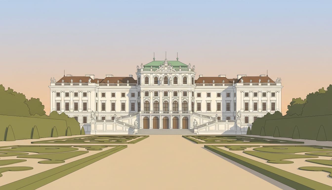 Pristine white Baroque facade of Belvedere Palace in Vienna centered in symmetrical formal gardens with long straight lines, golden hour sunlight casting soft shadows on stairways, statues, and rooflines in a modern illustration style.