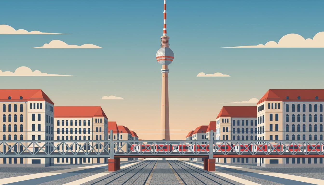 Modern illustration of Berlin TV Tower rising above street level with historic buildings, S-Bahn tracks, and urban rhythm in afternoon light, balancing height and ground patterns with no people.