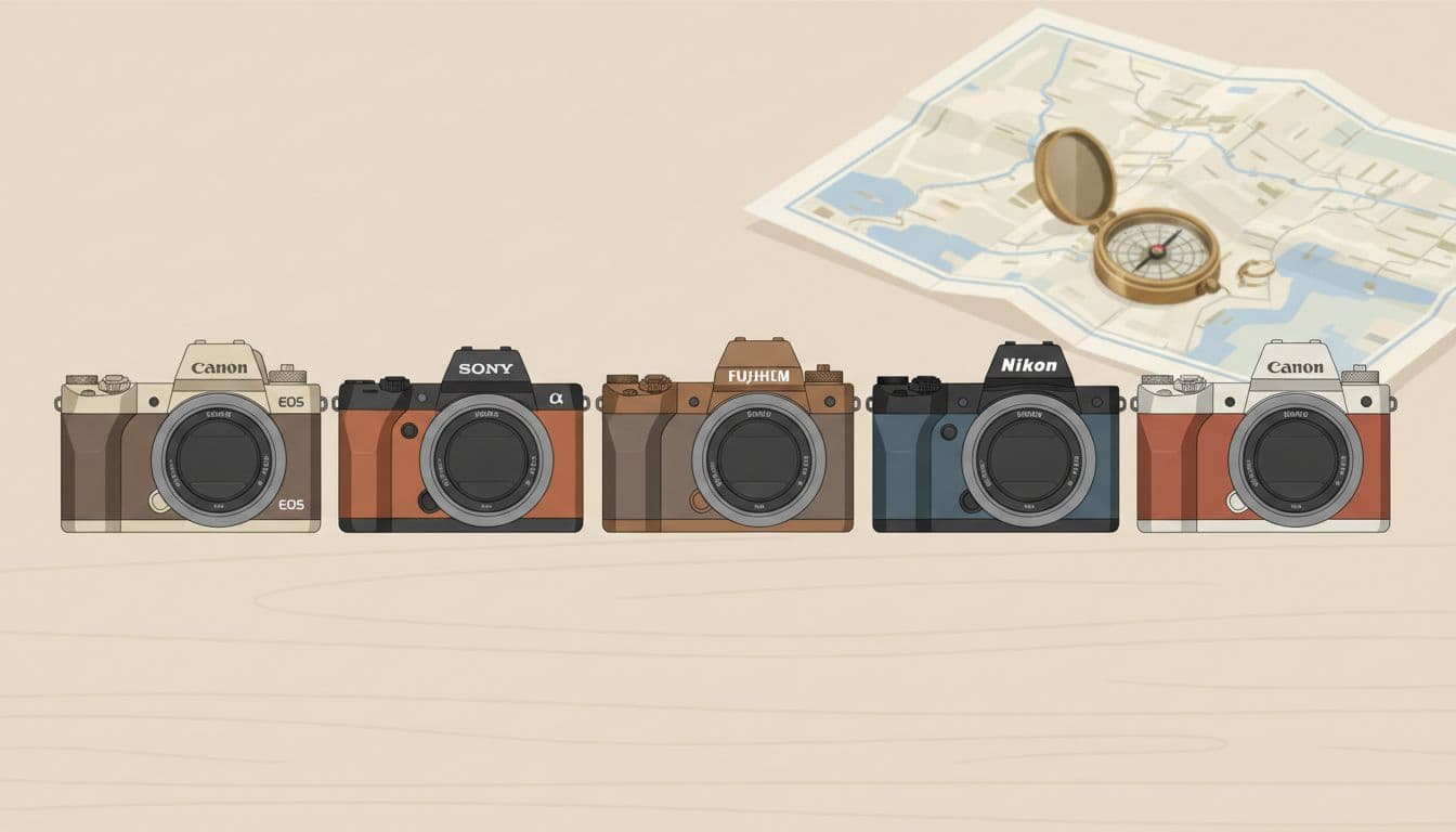 Side-by-side arrangement of five compact used mirrorless cameras—Canon EOS R50, Sony ZV-E10, Fujifilm X-T30 II, Nikon Z50 II, Canon R100—on a light wooden surface with subtle travel elements like a map and compass in the soft-focus background. Modern illustration style featuring clean shapes, neutral earth tones, soft blues, overhead composition, and even diffused lighting.