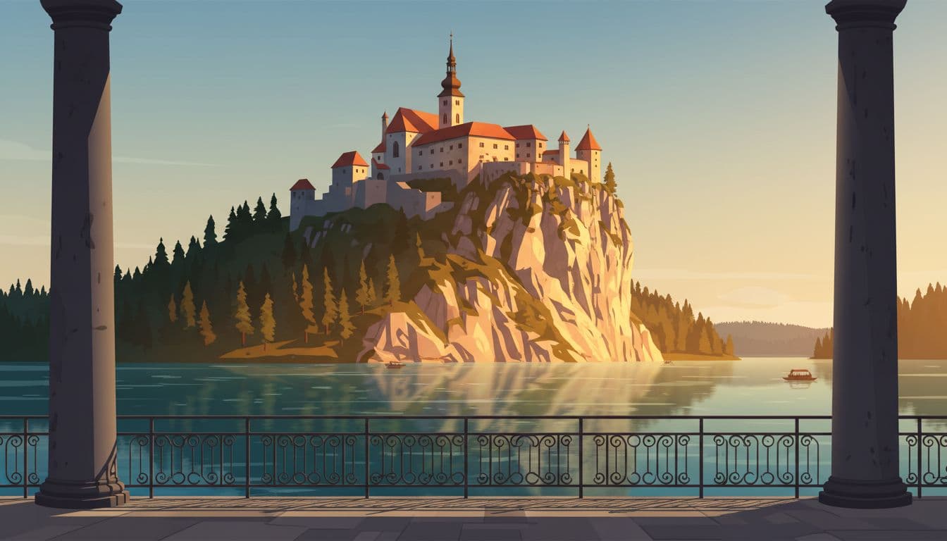 Modern illustration of Bled Castle on a glowing cliff in late afternoon warm golden light over Lake Bled, captured from a terrace viewpoint for wider frame and cliff depth.