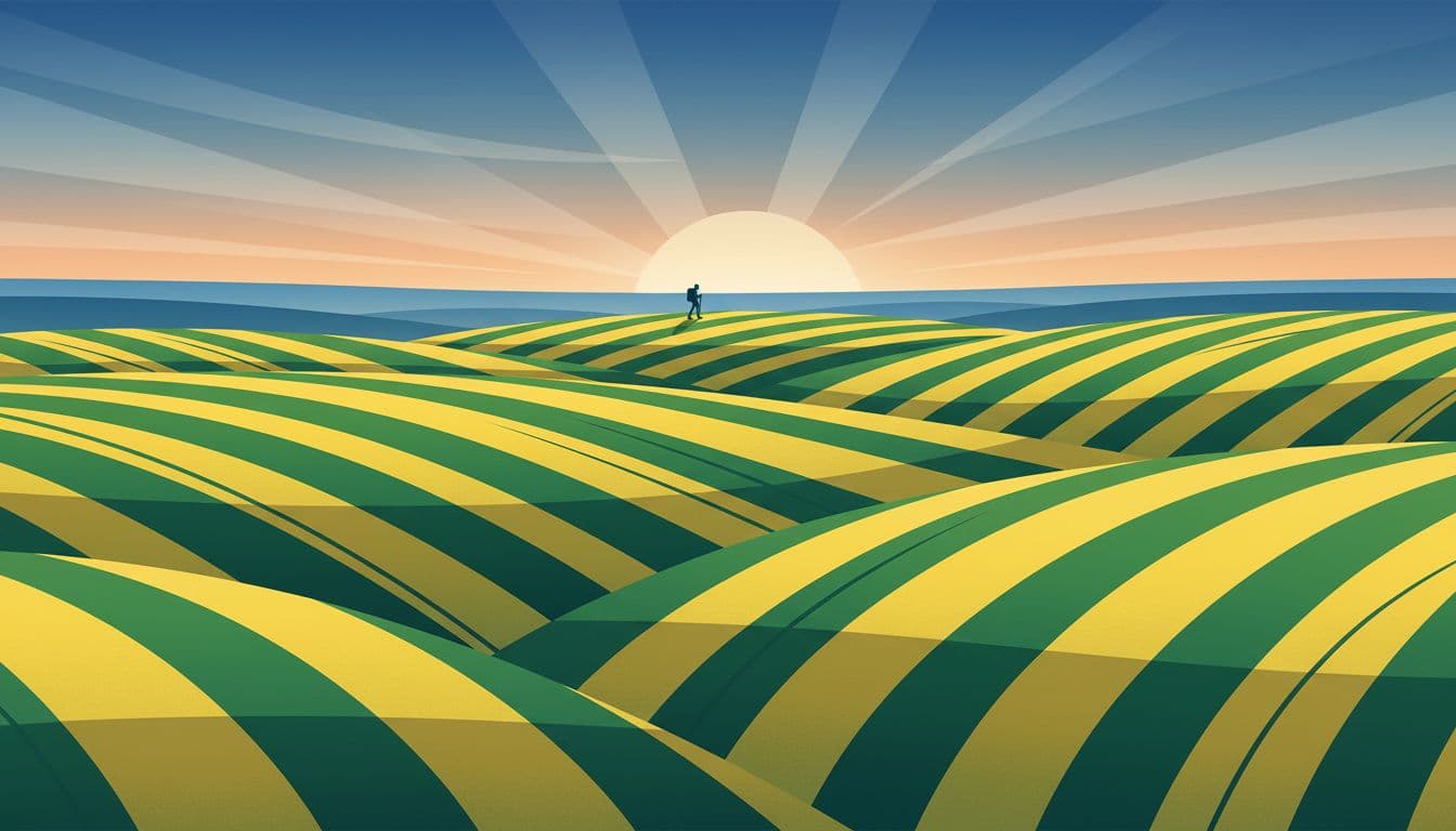 Rolling green wheat and yellow canola fields form layered ribbon patterns across Bohemian Paradise farmland in Czech Republic spring, viewed from a high hill at dawn for strong abstract composition with bold color bands and one distant hiker for scale.