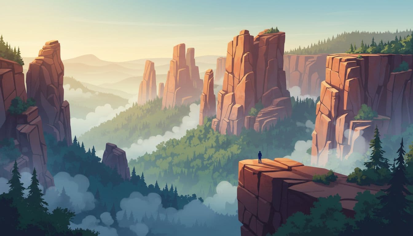 Towering sandstone cliffs in Bohemian Switzerland National Park, Czech Republic, with forest mist clinging to their bases and dramatic dawn light casting long shadows over green valleys. A tiny person provides scale in this modern illustration of an epic landscape viewpoint.