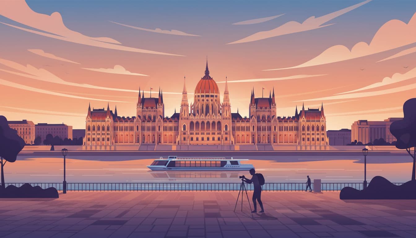 Modern illustration of Budapest's open Buda promenade near Novotel Danube at sunset, framing Parliament across the river with a passing boat and one person setting up a tripod in a spacious, calm area.