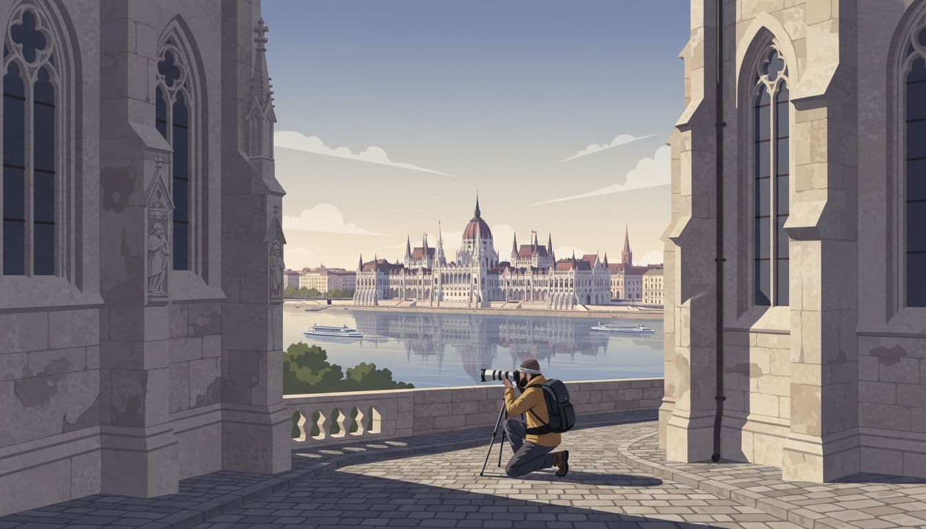 Cobbled lane in Budapest Castle District with old stone walls and church details framing Danube River and Parliament skyline. Early morning scene with one photographer in modern illustration style.