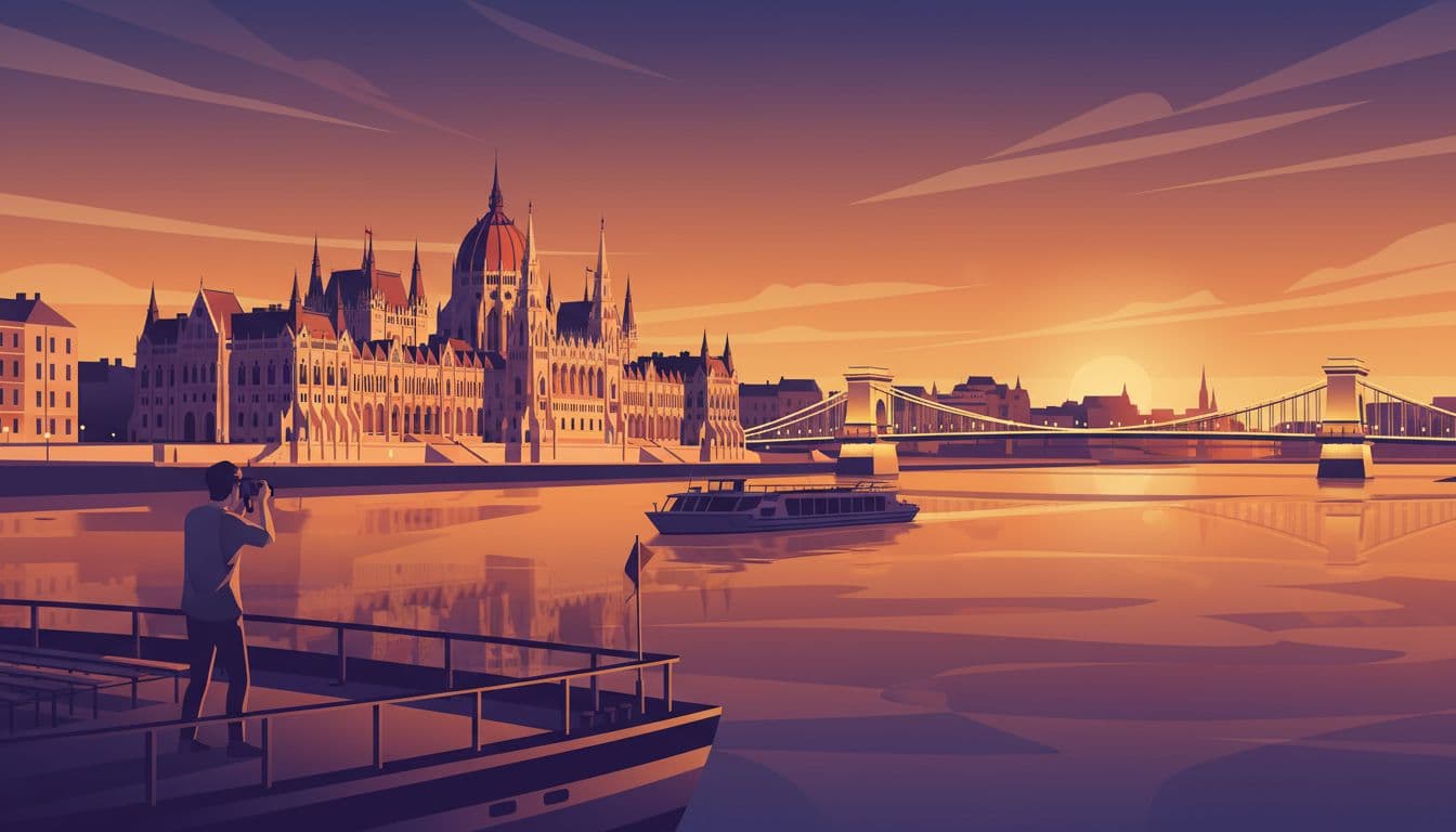 Modern illustration depicting a casual photographer on a Danube river cruise boat viewing the Budapest skyline at sunset, including Parliament, Chain Bridge, and water reflections with clean shapes and strong composition.