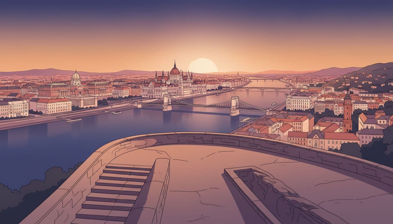 Modern illustration of panoramic cityscape from Gellert Hill in Budapest, featuring Danube River, bridges, Parliament, Buda Castle, and Pest skyline in a sunset color palette with clean shapes and strong composition.