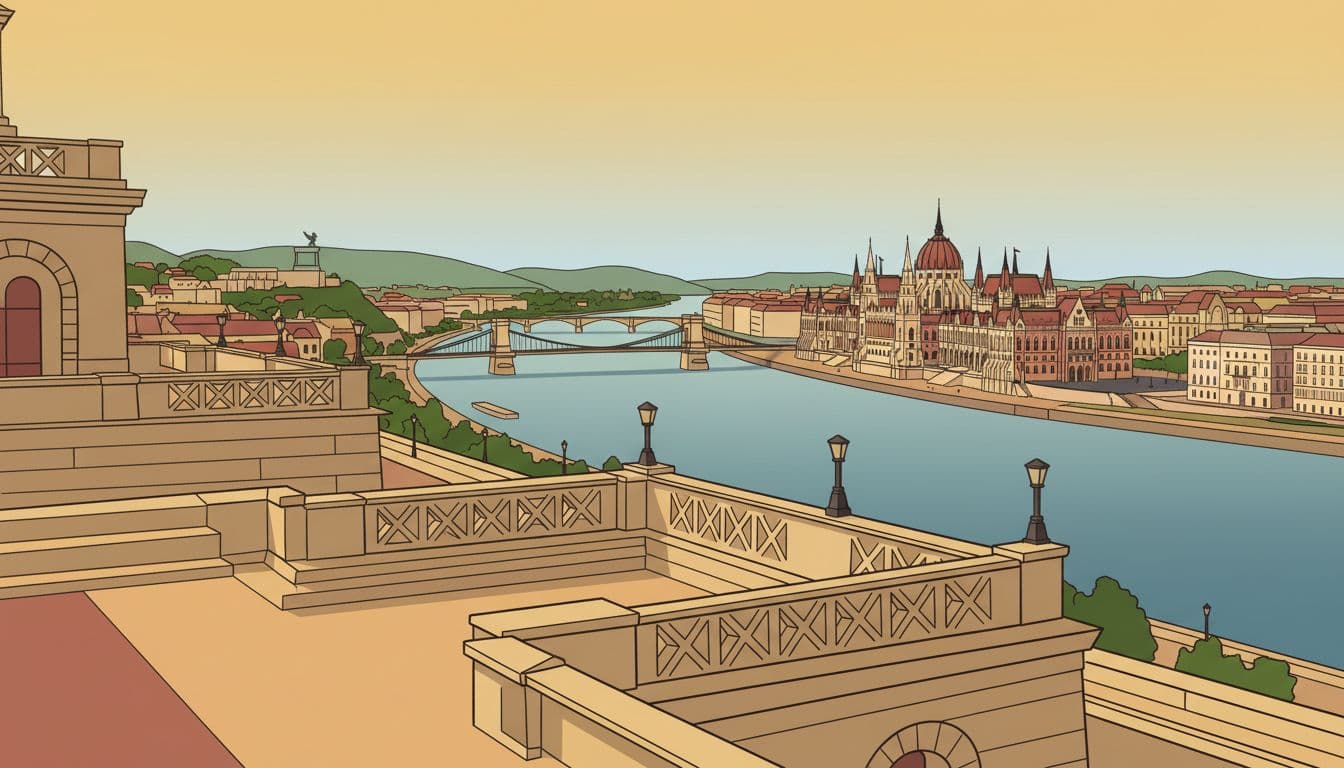 Sweeping illustration of Budapest's skyline from Buda Castle terraces, featuring the Danube River, Chain Bridge, Parliament, and Gellert Hill. Modern style with clean shapes, warm colors, and strong composition, showing multiple terrace levels with stone railings.