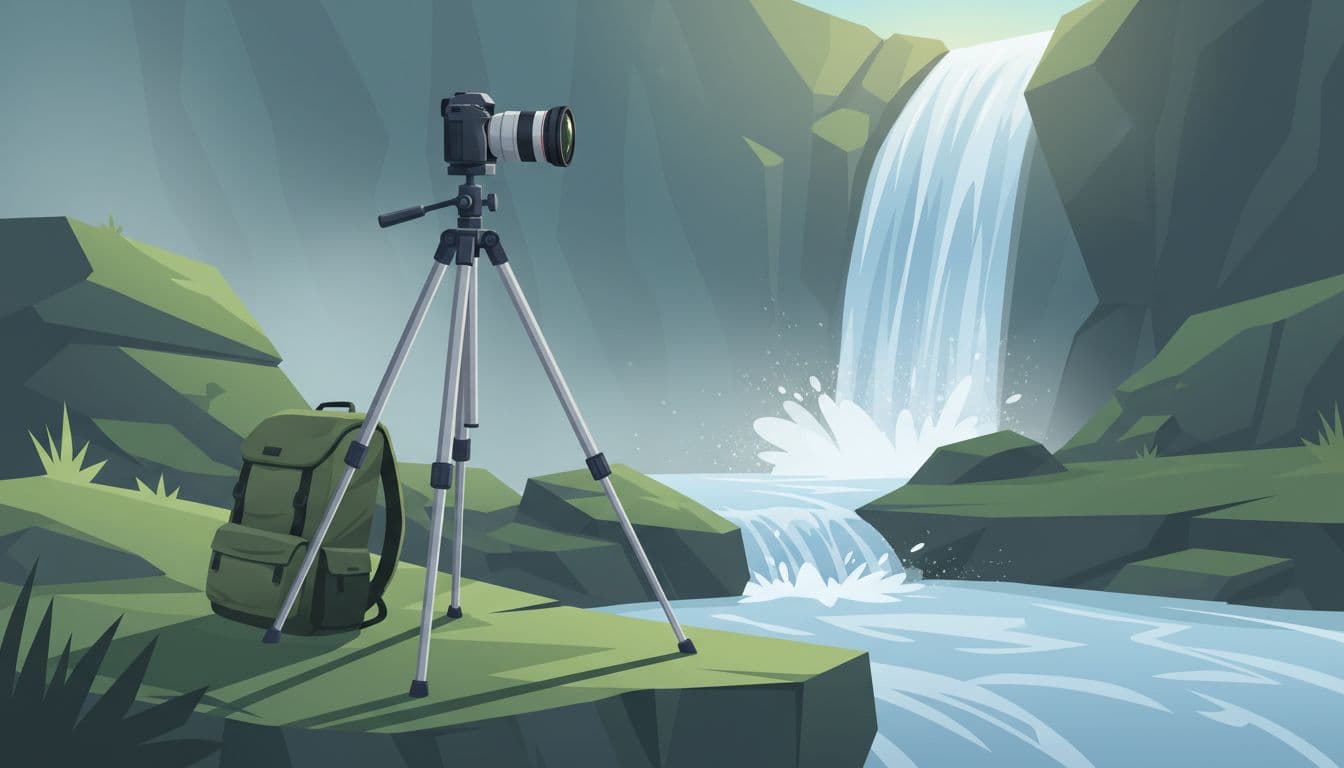 Lightweight budget tripod set up on rocky ground by a waterfall with camera mounted for long exposure shot, backpack leaning against it in evening soft light, modern illustration style.