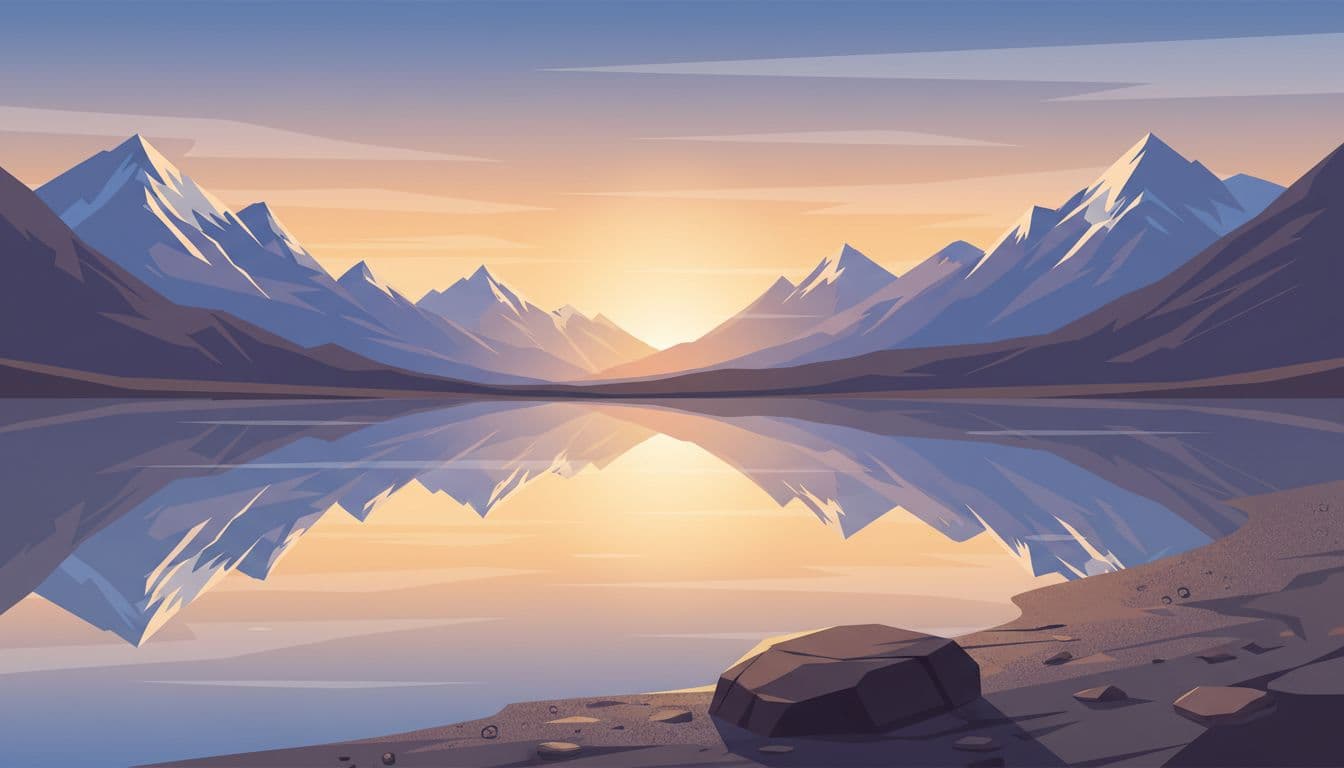 A serene alpine lake at sunrise features a flawless mountain reflection in still water, with soft morning light illuminating the rocky shore in a modern illustration style.