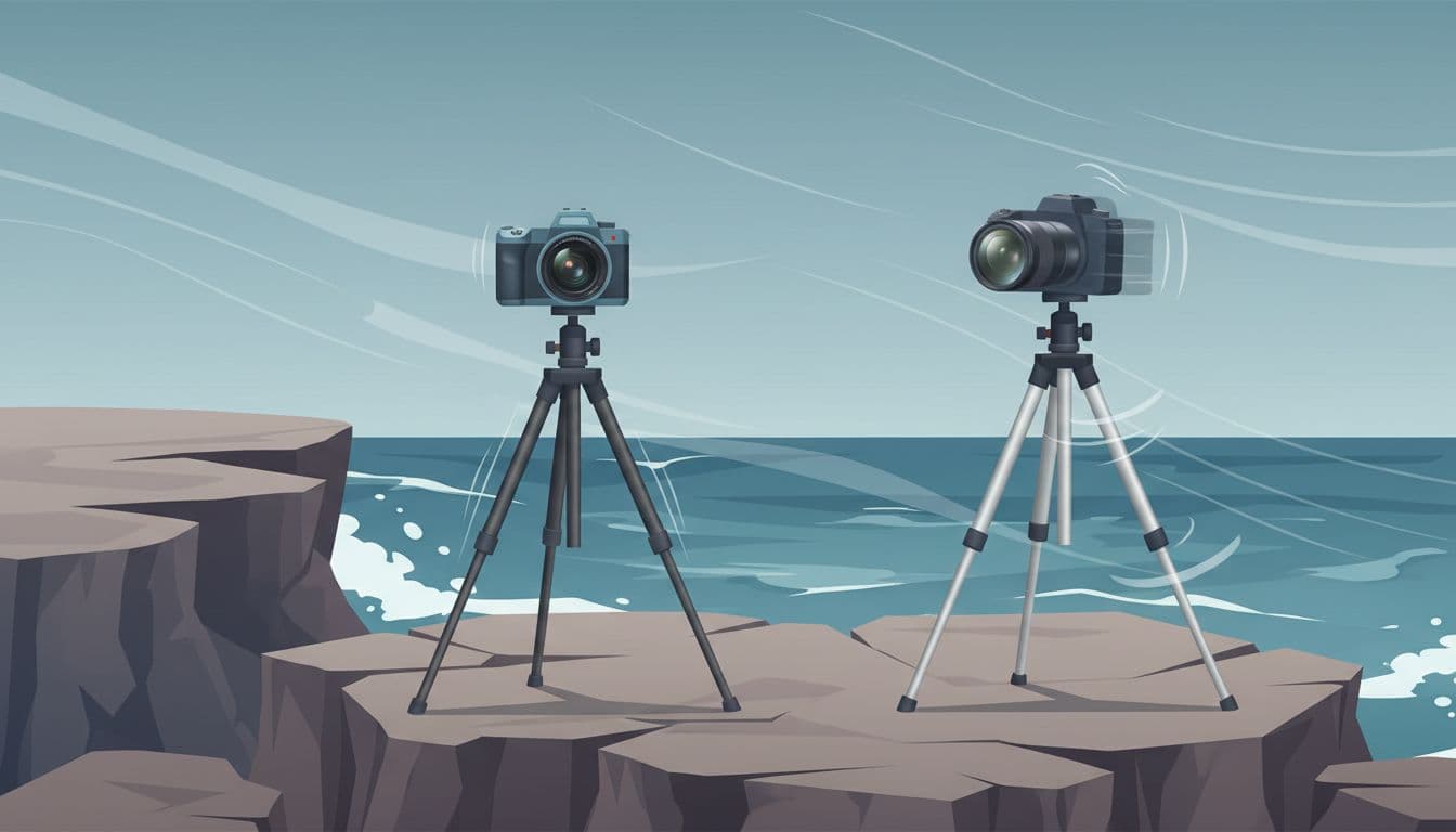 Modern illustration comparing carbon fiber and aluminum tripod legs side-by-side on a rocky cliff in gusty winds, with the carbon fiber side showing a sharp, steady mirrorless camera and the aluminum side blurry from vibrations.