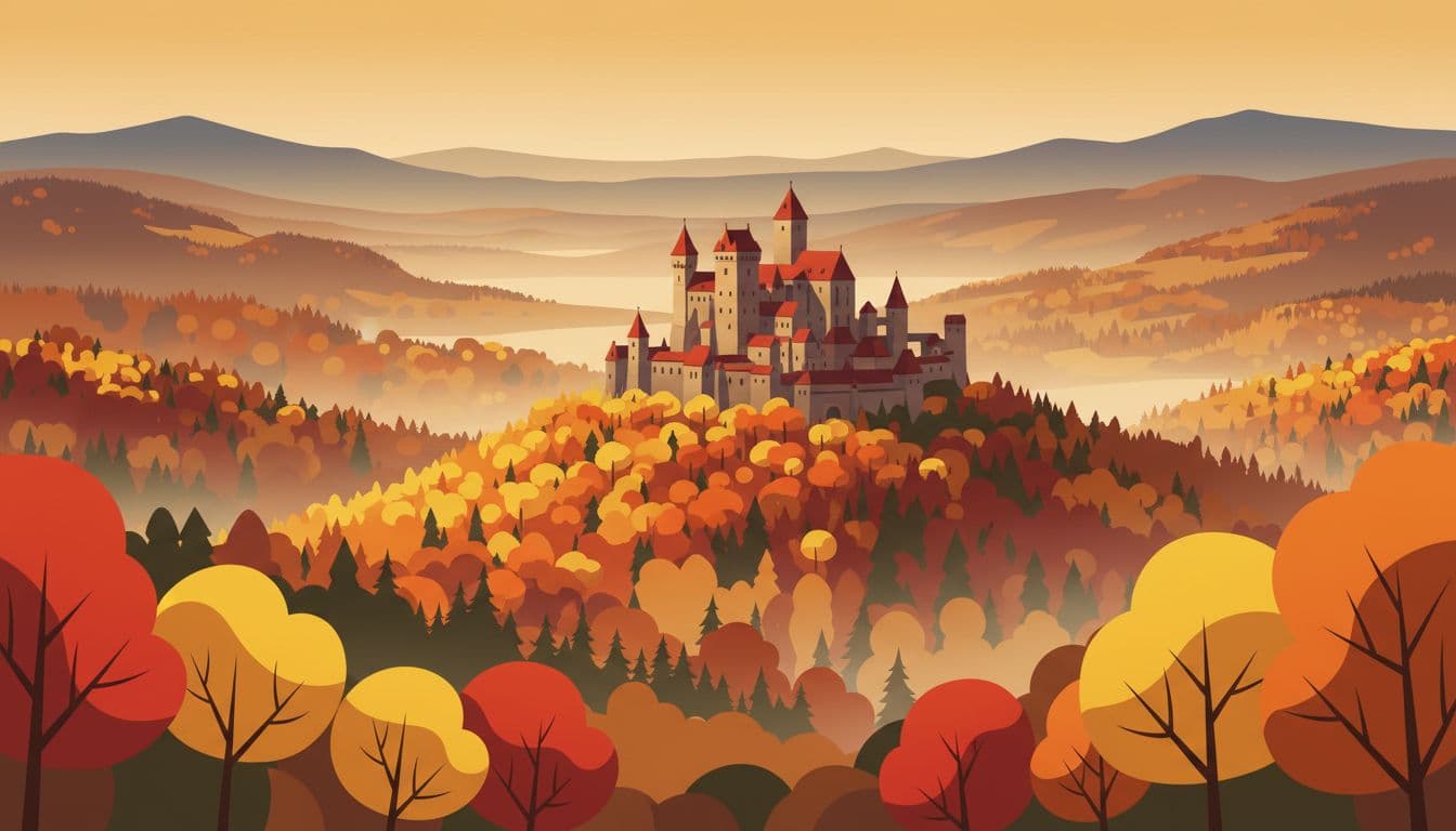 A Central European castle on a hilltop surrounded by vibrant autumn foliage in yellows, oranges, and reds, with soft morning mist creating depth in a wide landscape composition from a distant viewpoint.
