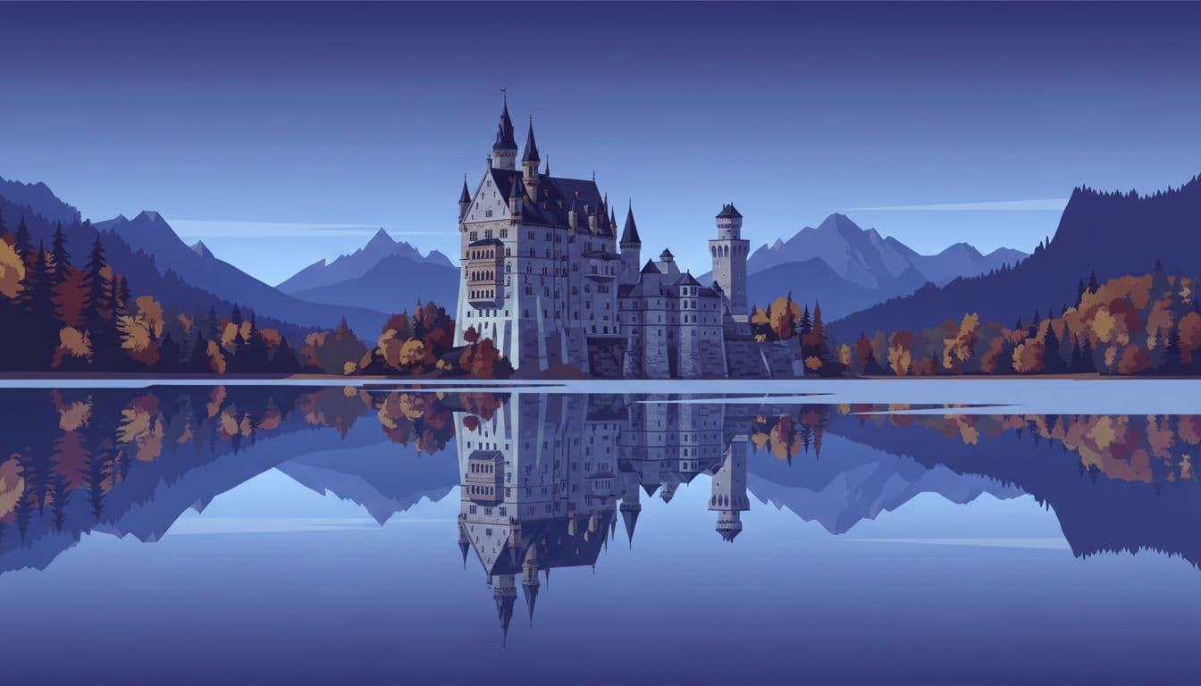 Modern illustration featuring a Central European castle on a hillside perfectly reflected in a foreground lake during blue hour, with cool blue and purple tones, intricate stone details, autumn forest surroundings, and distant peaks.