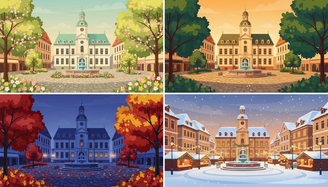 Split composition modern illustration of a small Central European old town transforming through seasons: spring flowers around square fountain, summer green trees, fall colorful leaves on cobblestones, winter snow on rooftops and holiday lights, centered on town hall.