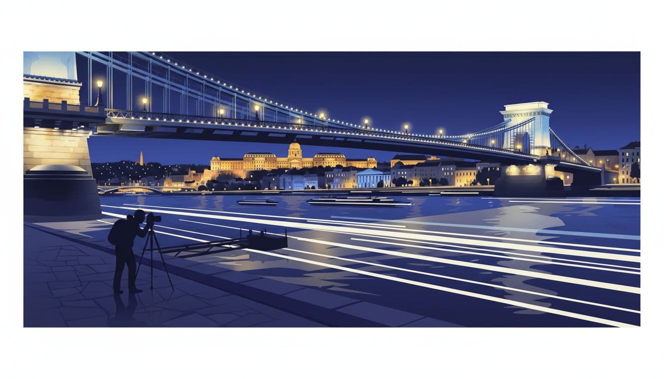Dramatic night view of Chain Bridge in Budapest lit up with strong suspension lines, looking toward Buda Castle and the Danube River with light trails from traffic, energetic scene from Pest side near pier.