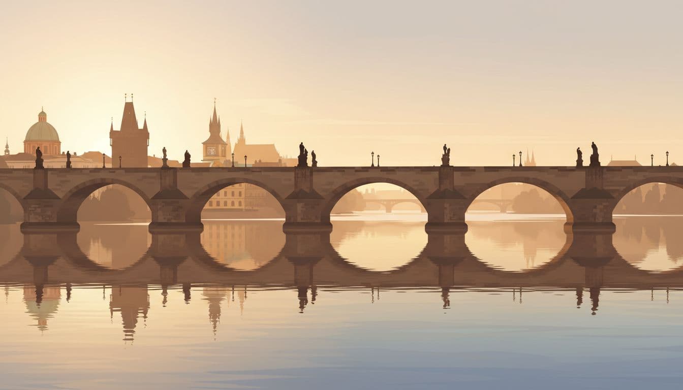 Charles Bridge in Prague at sunrise features empty stone arches over the calm Vltava River, with warm golden light reflecting on the water in a wide shot from Mala Strana showing statues and the distant skyline in modern illustration style.