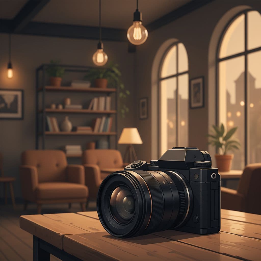 Close-up modern illustration of a compact 35mm prime lens on a camera in a cozy low-light cafe interior, emphasizing small size and low-light performance for travel. Clean shapes, warm indoor lighting, soft focus background with no people or text.