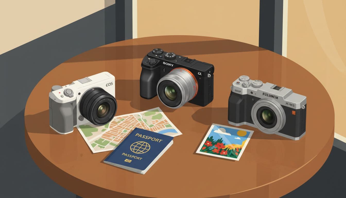 Compact Canon EOS R50 and Sony a6400 cameras side by side on a cafe table with passport and map, small size emphasized, Fujifilm X-M5 nearby with vibrant color sample print, modern illustration style.