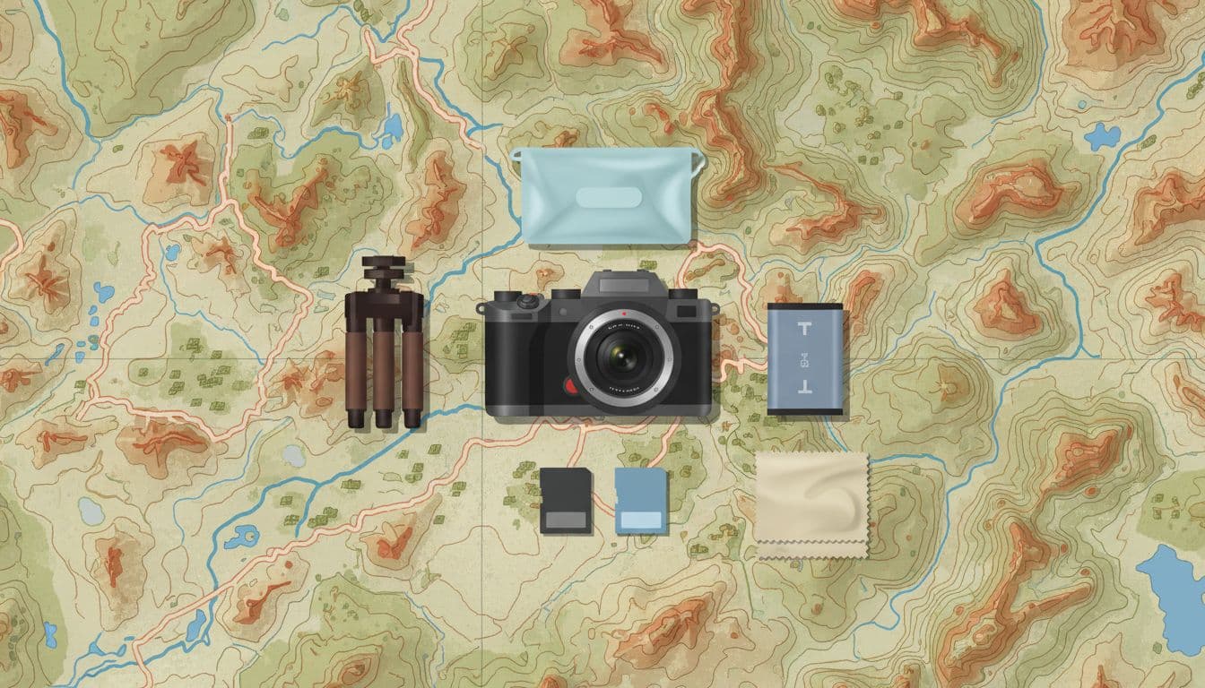 Minimalist compact travel photography kit on a trail map, including mirrorless camera with 24-70mm lens, spare battery, two memory cards, microfiber cloth, silicone rain cover, and tiny tripod in modern illustration style.