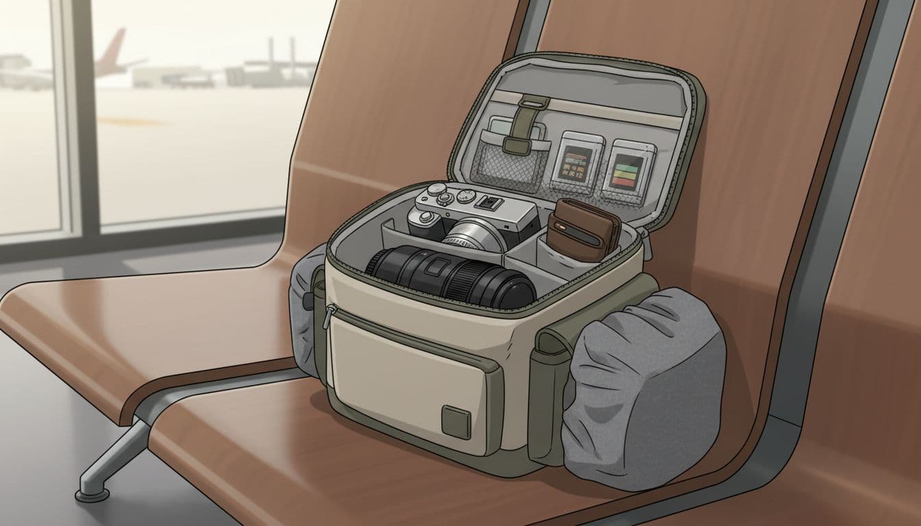 Compact camera bag open on an airport bench, interior showing padded dividers with mirrorless camera, zoom lens, batteries, SD cards, phone, and wallet; weather cover draped over side, emphasizing protection and accessibility in modern illustration style.