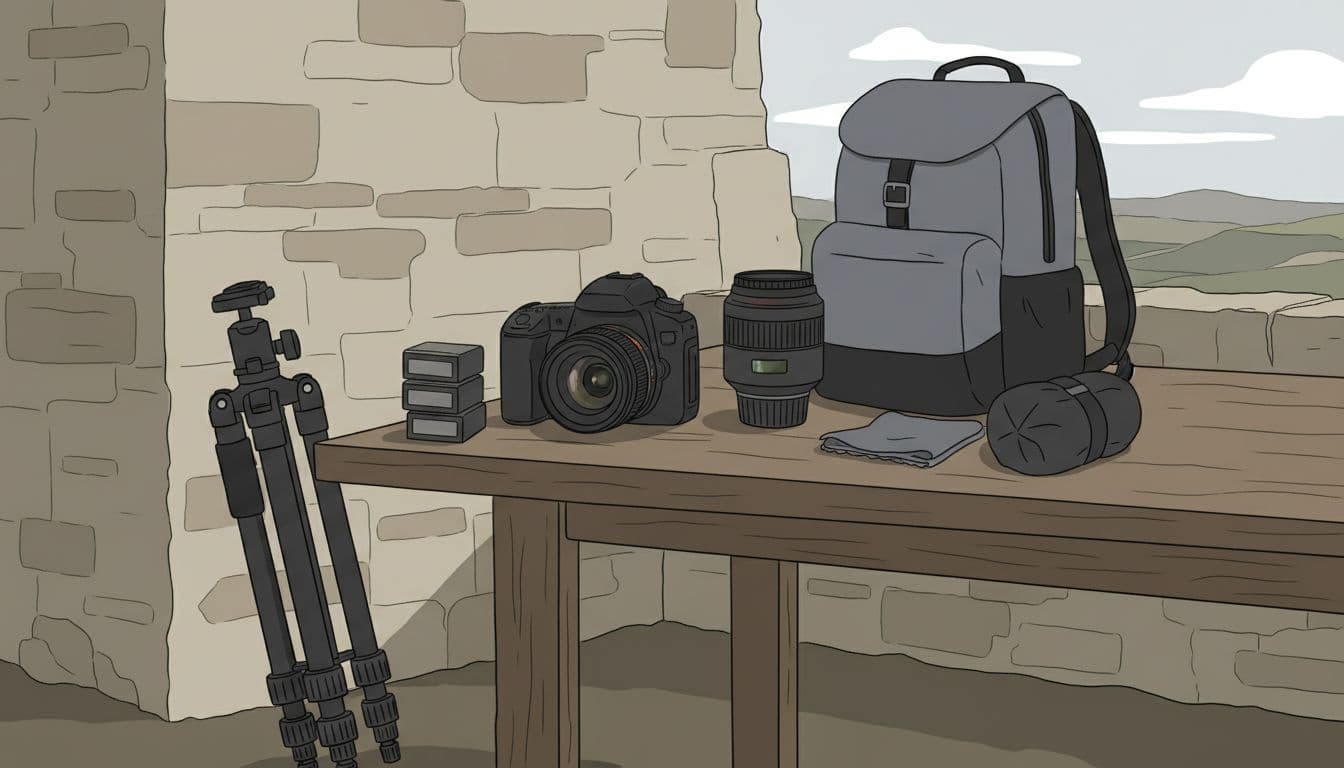 Compact photography kit for travel on a table near a castle stone wall, featuring DSLR with 16-35mm wide-angle lens, 70-200mm telephoto, folded carbon tripod, spare batteries, lens cloth, rain cover, and open backpack in modern illustration style.