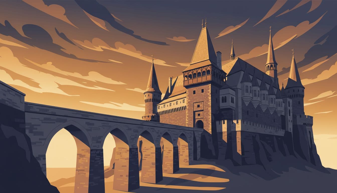 Corvin Castle in Romania with a long entry bridge leading to Gothic towers, dark stone walls, and pointed arches, composed with strong vertical lines and a dramatic sky in modern illustration style during golden hour.