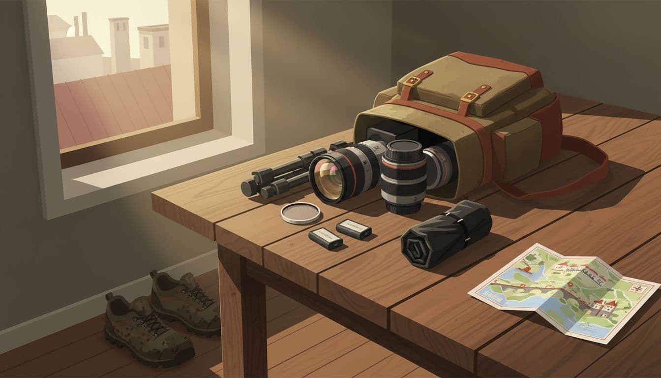 Open photographer's backpack on rustic wooden table spills essential gear like wide-angle lens, zoom lens, tripod, ND filter, batteries, and rain cover; sturdy shoes and folded Czech Republic map nearby in sunlit room.