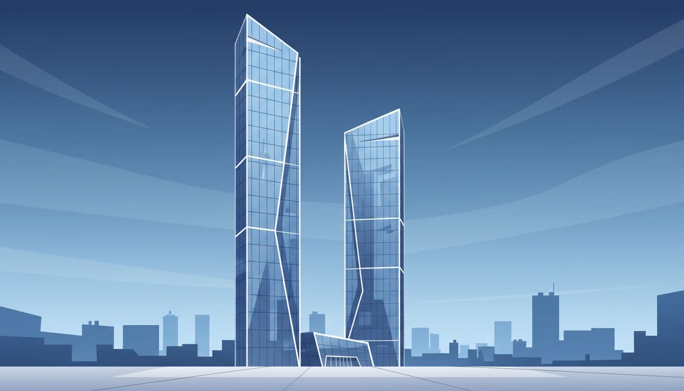 Sleek DC Towers in Vienna with sharp reflective glass lines and modern minimalist forms against a blue-toned sky. Strong vertical composition emphasizes contrast, clean surfaces, and a controlled cool color palette in modern illustration style.