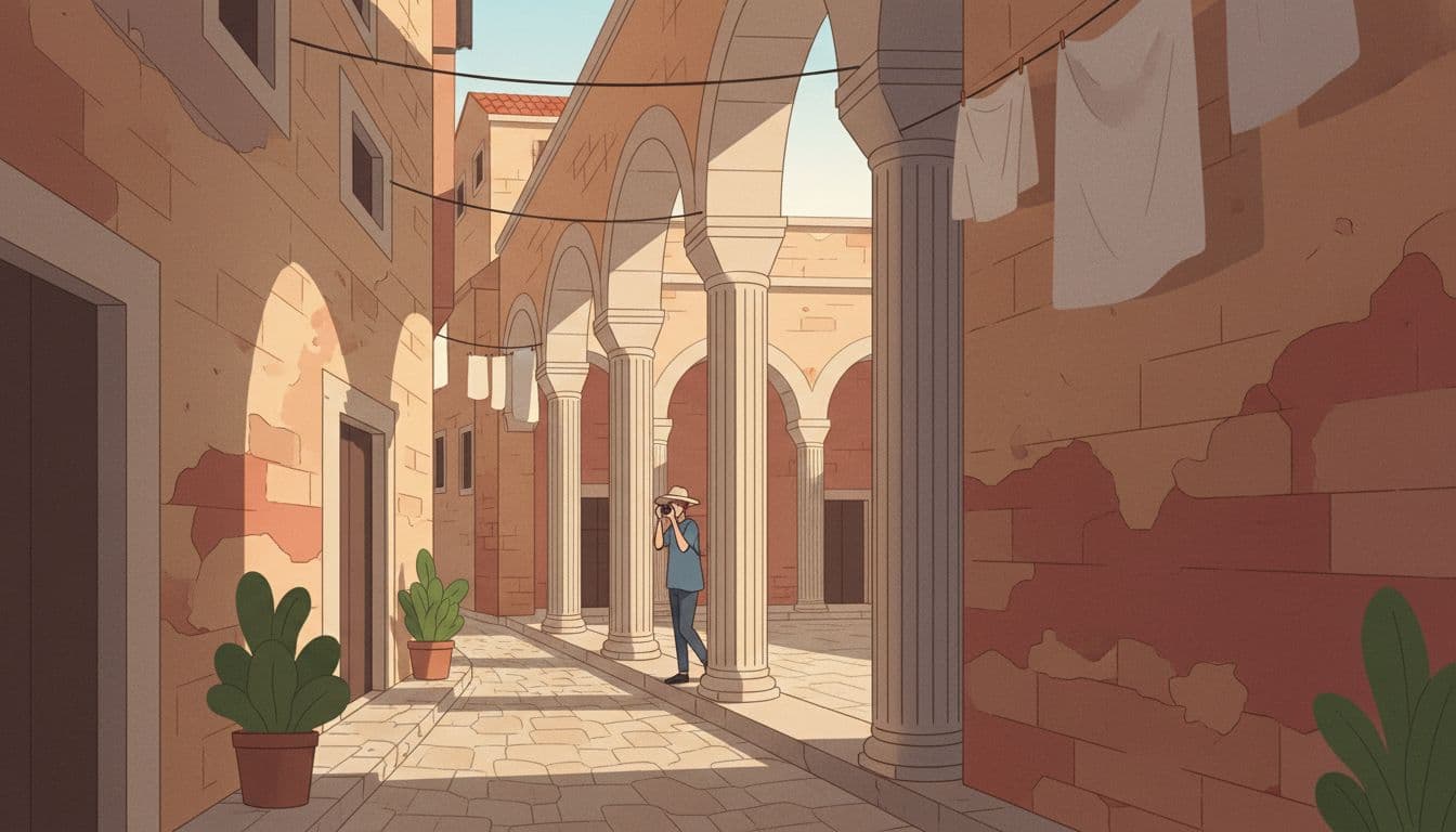Street-level composition inside Diocletian's Palace in Split, Croatia, with arches and columns framing courtyards, narrow stone lanes featuring textured old walls and subtle daily life like laundry or plants under soft morning light. Modern illustration style using clean shapes, controlled earthy palette, and strong leading lines, with exactly one person photographing.