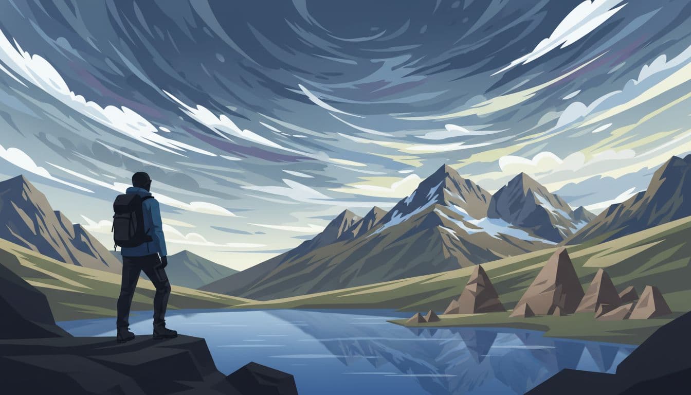 Modern illustration of Dolomites mountains in South Tyrol with fast-moving clouds and dramatic sky, featuring a silhouetted hiker in layered clothing near earth pyramids or a calm backup lake.