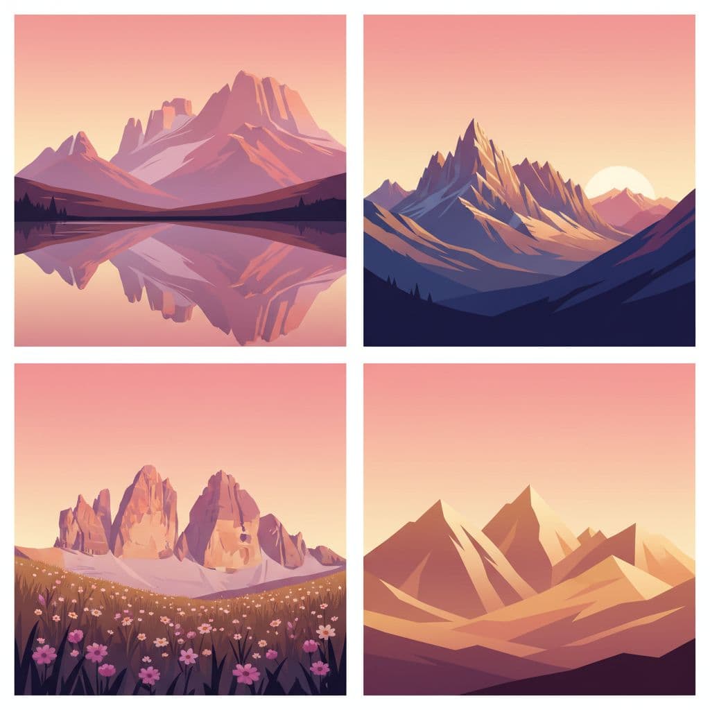 Modern illustration collage of Dolomites sunrise photos featuring mirror lake reflection, layered mountains, sharp ridgeline, and meadow with peaks in dawn pink gold lighting.
