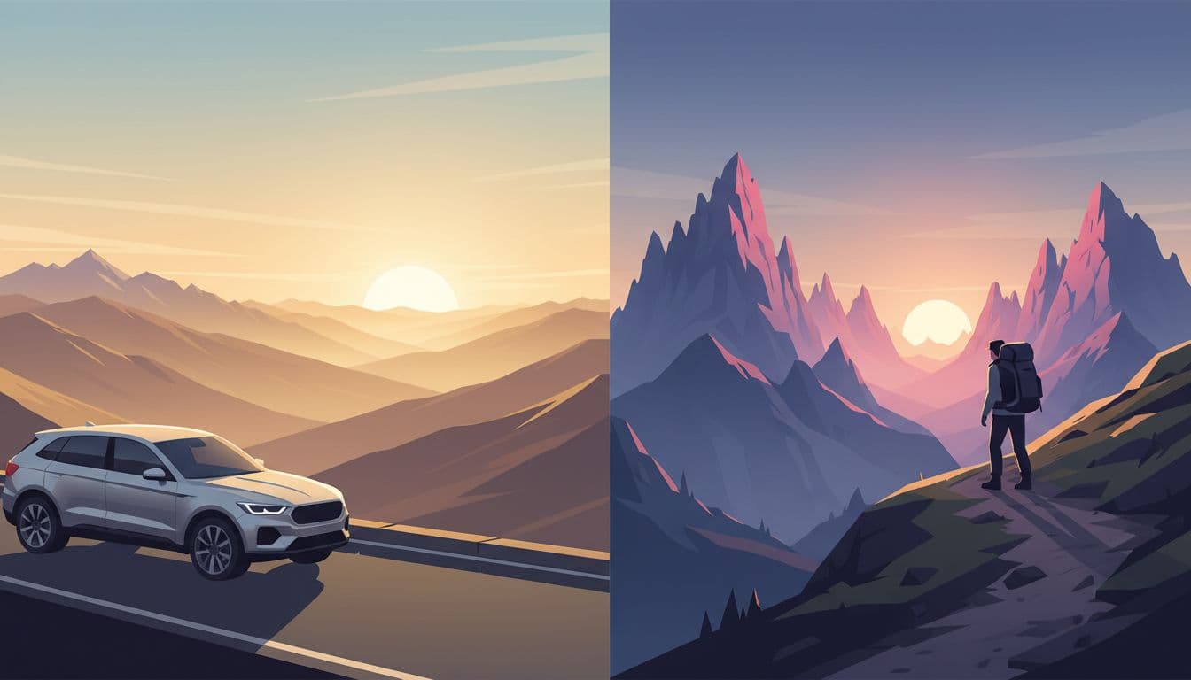 Modern illustration side-by-side comparing easy drive-up mountain pass sunrise view with car on left, and hiker on trail approaching ridgeline at dawn on right, pink alpenglow on Dolomites peaks.