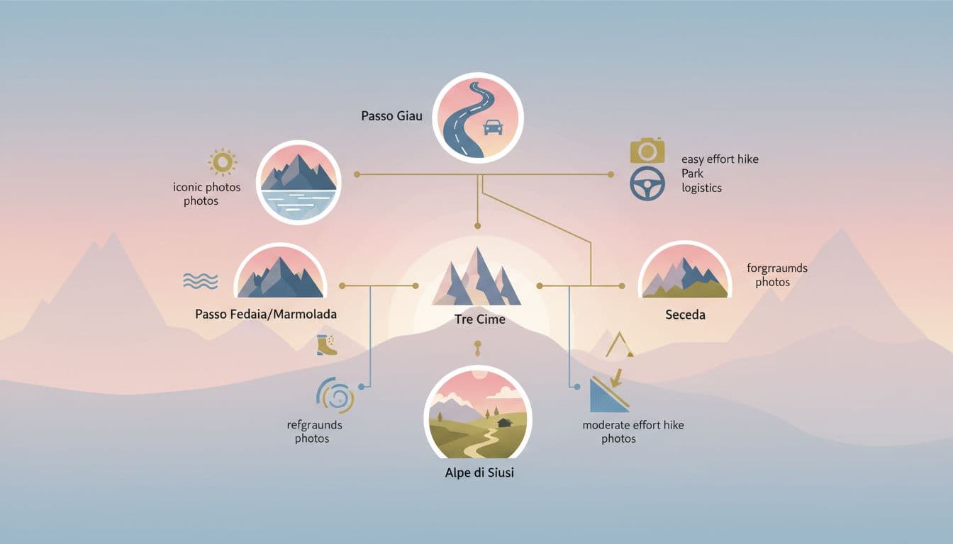 Modern illustration comparing five top Dolomites sunrise spots—Passo Giau, Passo Fedaia, Tre Cime, Seceda, Alpe di Siusi—via icons for photo style, effort, and logistics.