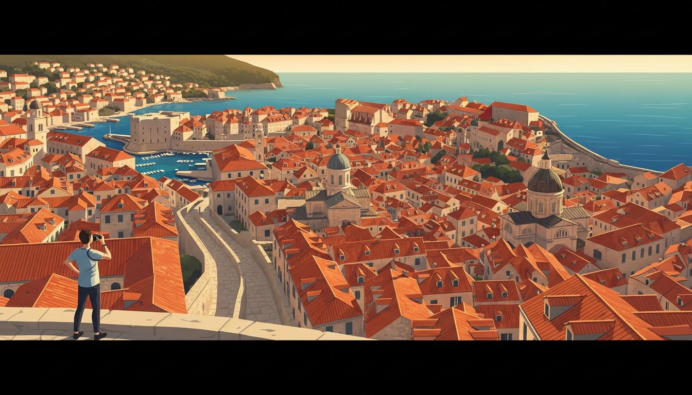Panoramic landscape from the western Dubrovnik city walls near Fort Bokar, featuring layered terracotta rooftops, church domes, and narrow streets to the Adriatic Sea in golden morning light, with one person holding a camera.