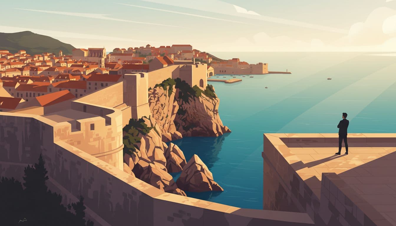 Side angle view from Fort Lovrijenac showing Dubrovnik old town walls against the sea, rocky cliffs, and distant Ploce gate harbor in late afternoon golden light with one relaxed person on the terrace. Modern illustration in clean shapes, warm palette, and strong diagonal composition.
