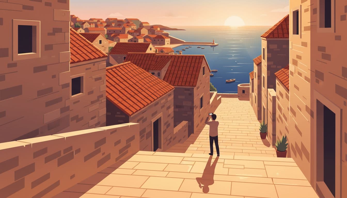 Golden hour sunlight bathes narrow stone streets, terracotta roofs, and a distant sea harbor in a Croatian old town like Dubrovnik, with one person photographing the scene using a smartphone. Modern illustration features clean shapes, warm orange-blue tones, and diagonal composition.