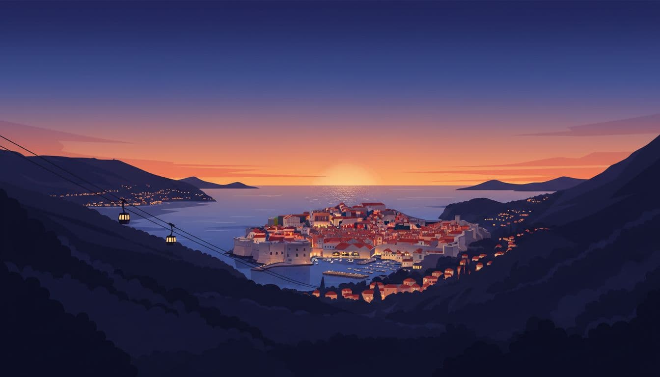 Dramatic overlook from Mount Srd at blue hour, with Dubrovnik old town centered between dark hills and glittering sea, city lights glowing, and cable car visible in distance. Modern illustration style featuring clean shapes and a controlled twilight palette of deep blues, purples, and oranges.