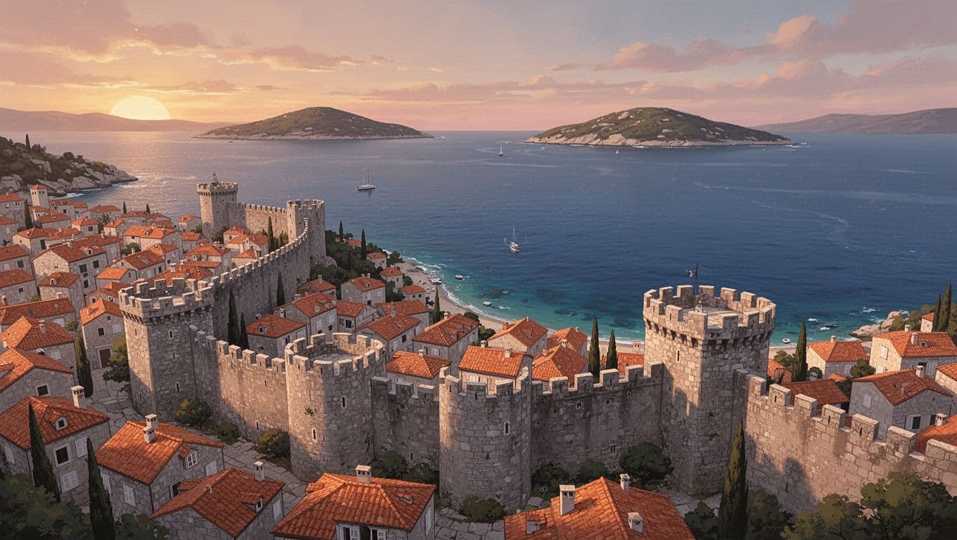 Aerial view of medieval stone walls curving around terracotta rooftops along blue Adriatic Sea at sunset, leading to distant islands.