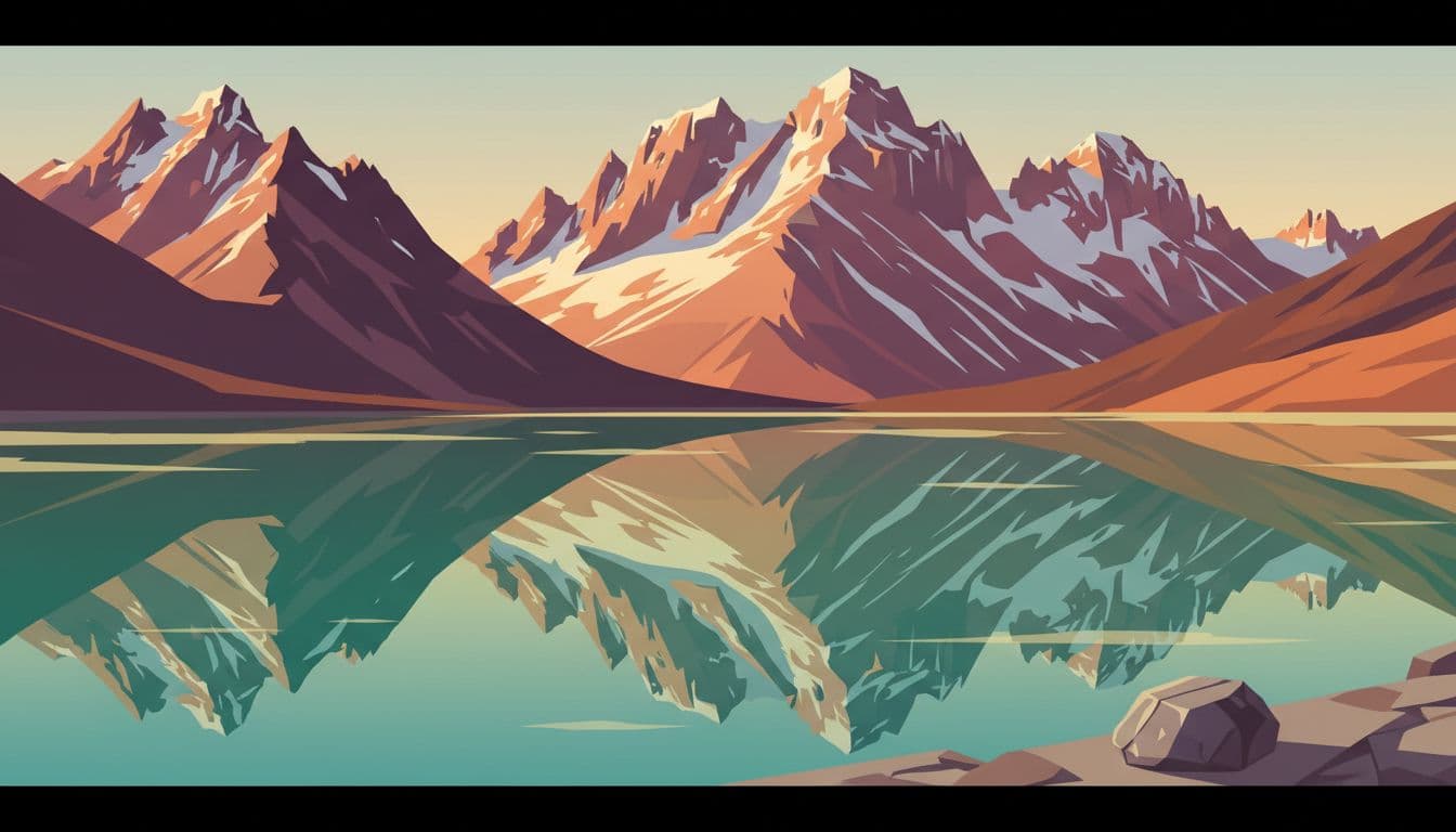 Emerald green Karersee lake perfectly mirrors the jagged Latmar mountain range at first light, featuring calm glassy water with rich color reflections and a single small rock in the foreground from a roadside viewpoint. Soft golden hour lighting casts long shadows in a modern illustration style with clean shapes and a warm color palette.