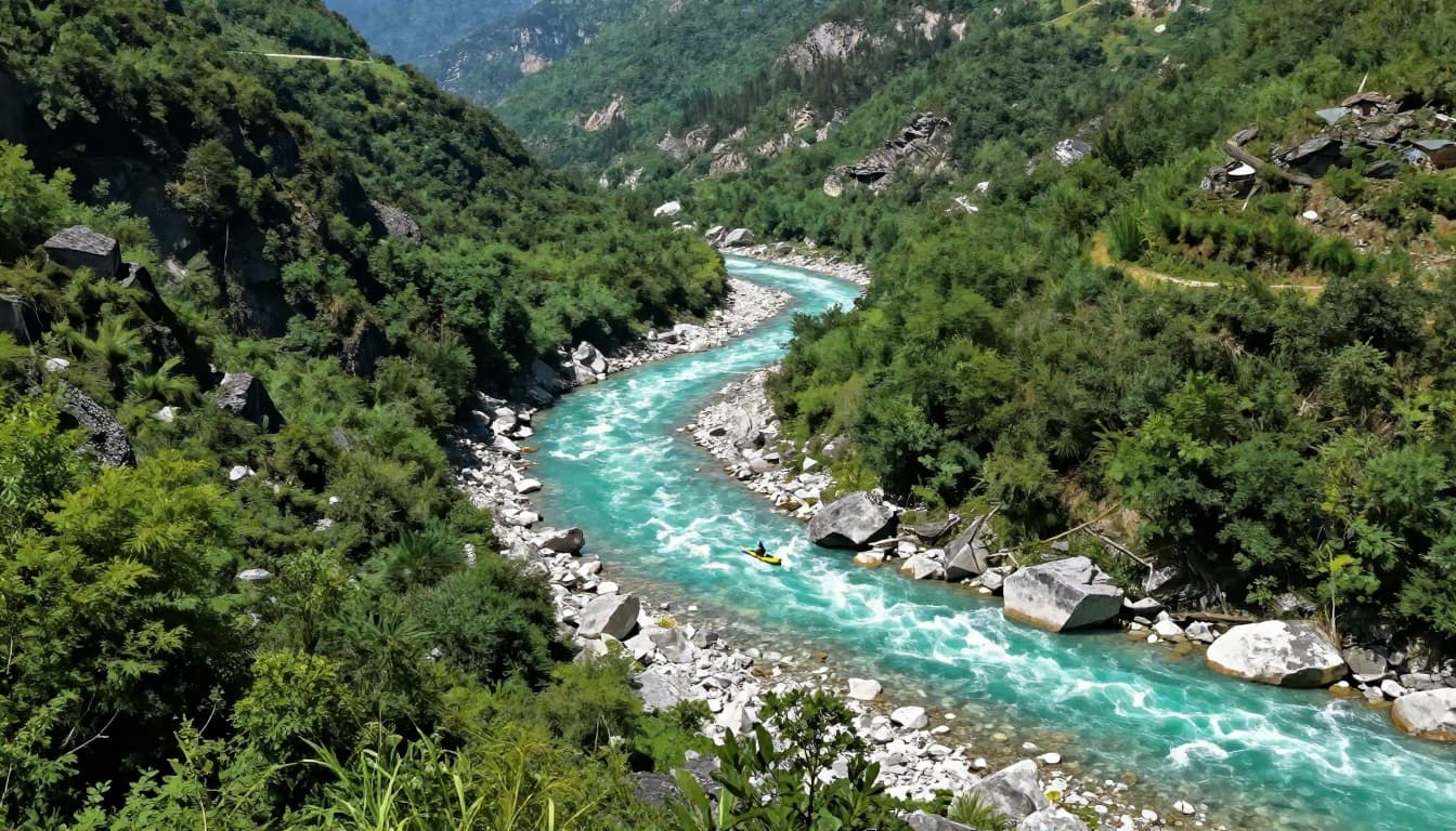 Emerald Soča River winds through boulder-strewn valley with steep forested hills and distant kayaker.