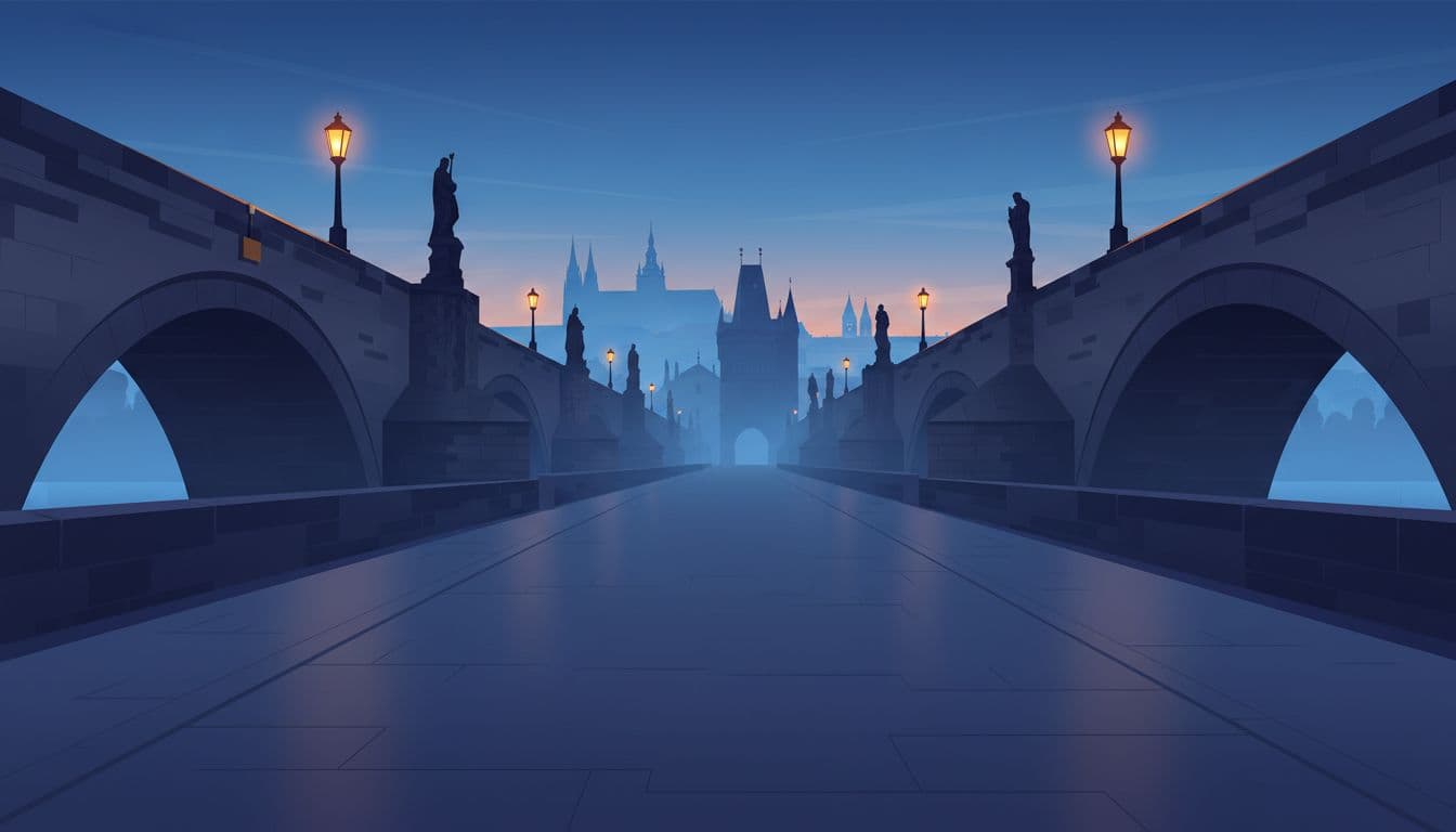 Moody modern illustration of empty Charles Bridge in Prague at blue hour, with glowing lamps on stone arches, misty Vltava reflections, silhouetted statues, and distant castle under deep blue sky.